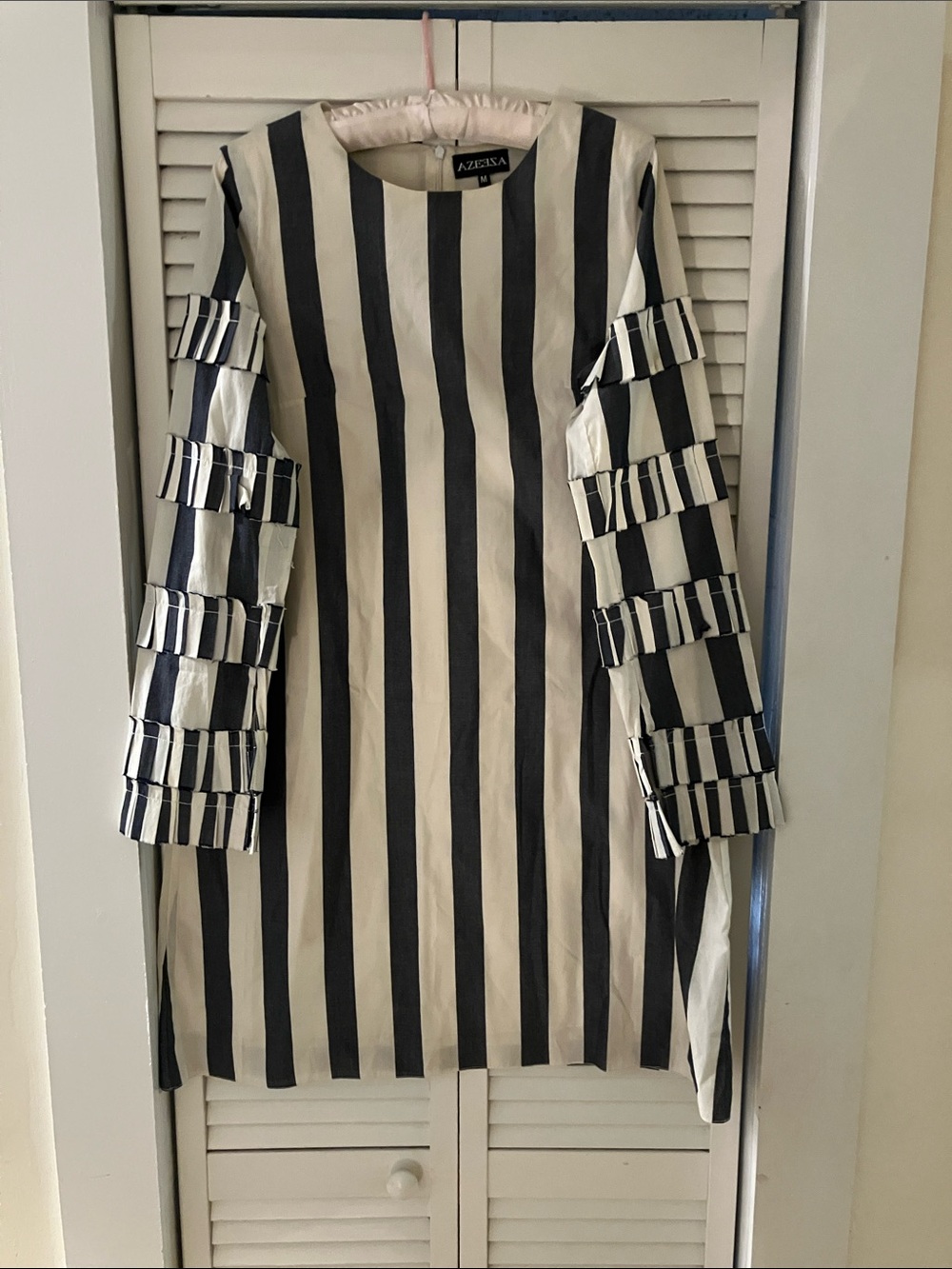 Azeeza Big Vertical Striped Avant Garde Shift Dress Size Medium Navy/White